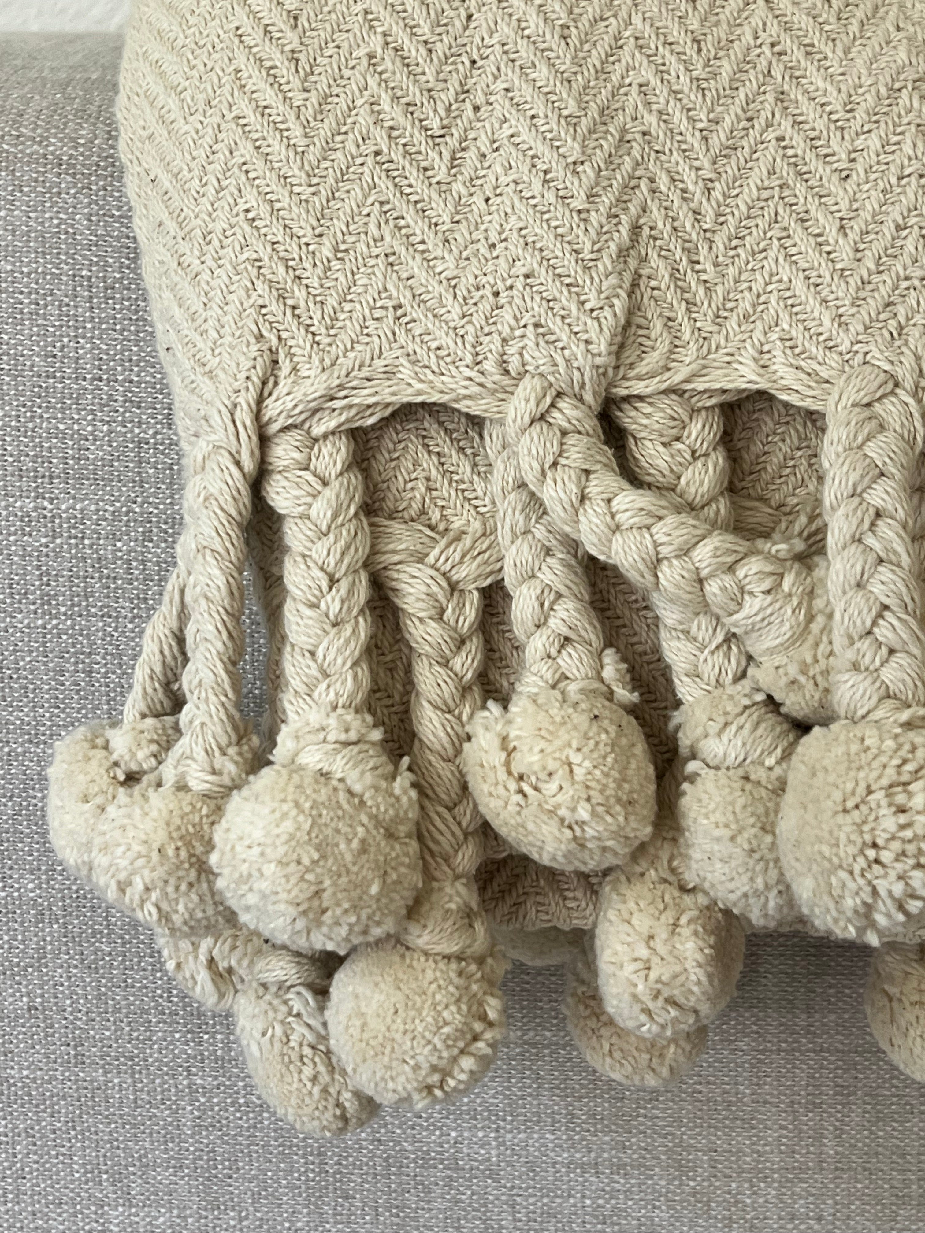 Cream Cotton Pom Pom Throw Blanket HOUSE OF HOMEBODY